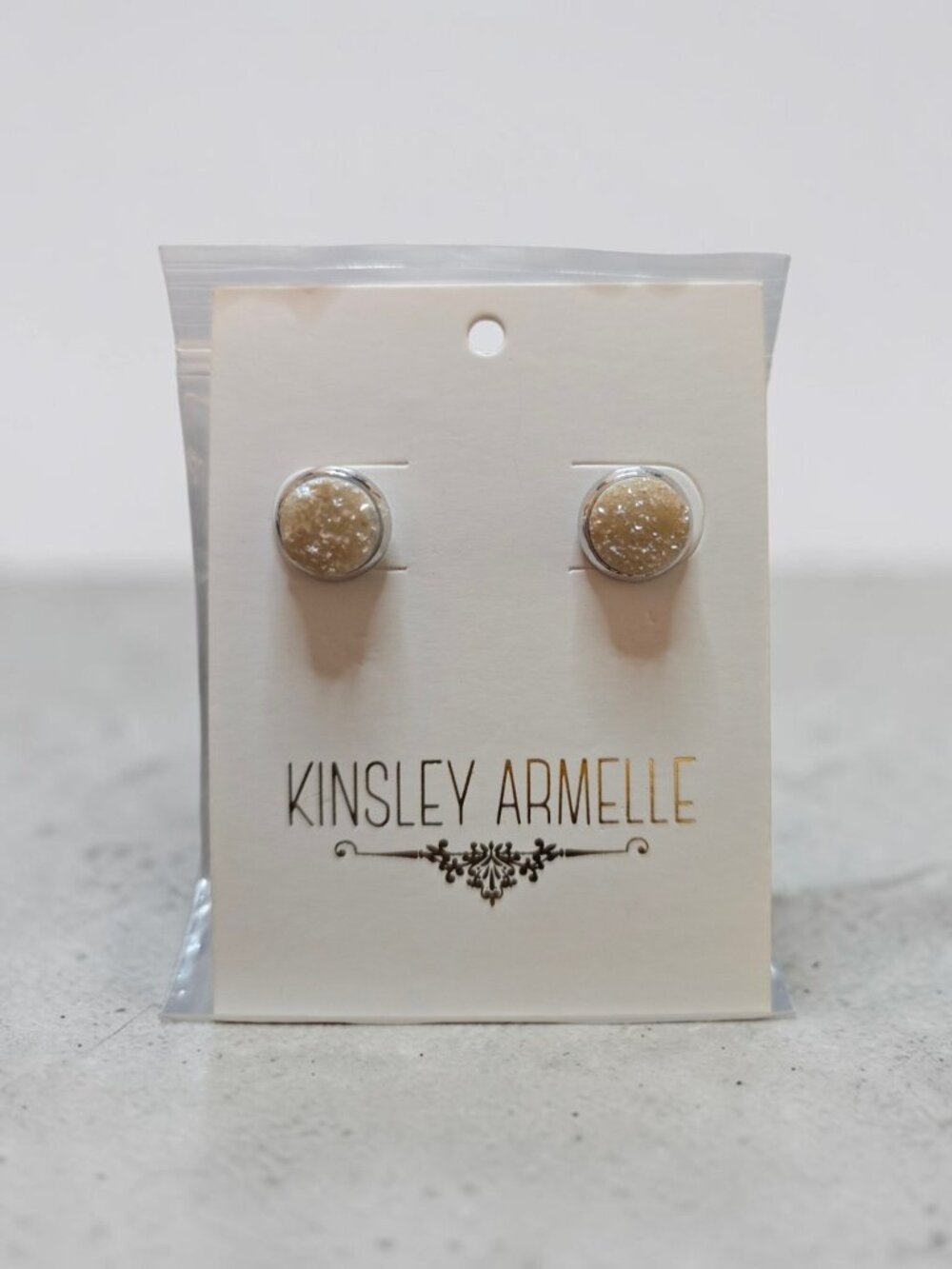 NWT Kinsley Armelle Champagne Druzy Stud Earrings Silver Tone